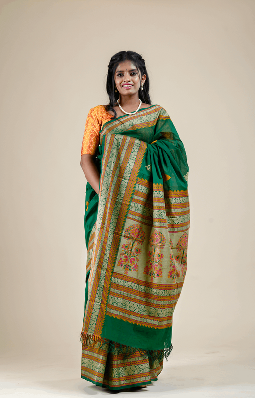 Annapakshi and Rudraksh Thread Weave Border Bottle Green Kanchipuram Rich Cotton Saree