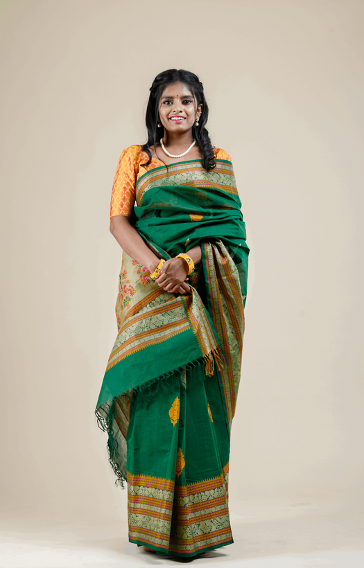 Annapakshi and Rudraksh Thread Weave Border Bottle Green Kanchipuram Rich Cotton Saree