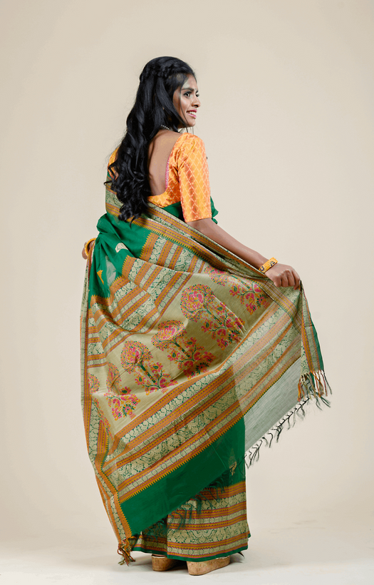 Annapakshi and Rudraksh Thread Weave Border Bottle Green Kanchipuram Rich Cotton Saree