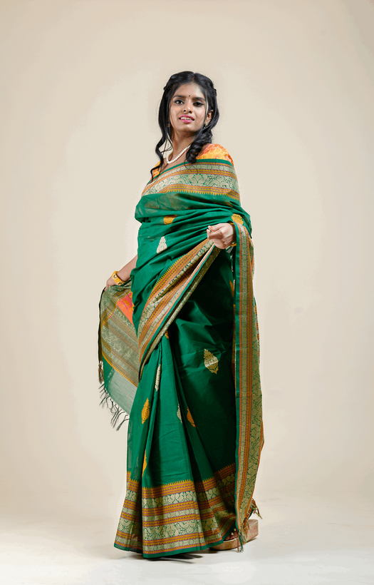 Annapakshi and Rudraksh Thread Weave Border Bottle Green Kanchipuram Rich Cotton Saree