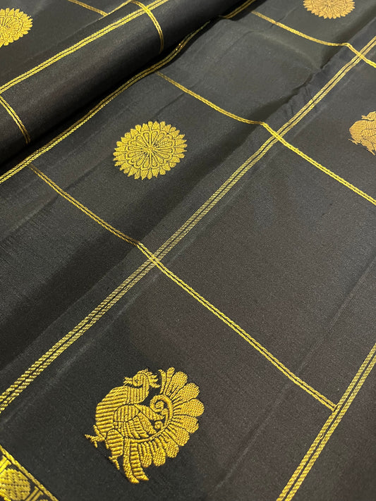 Black with big kattam in zari myil Chakram Buttas Kanjivaram Silk Saree