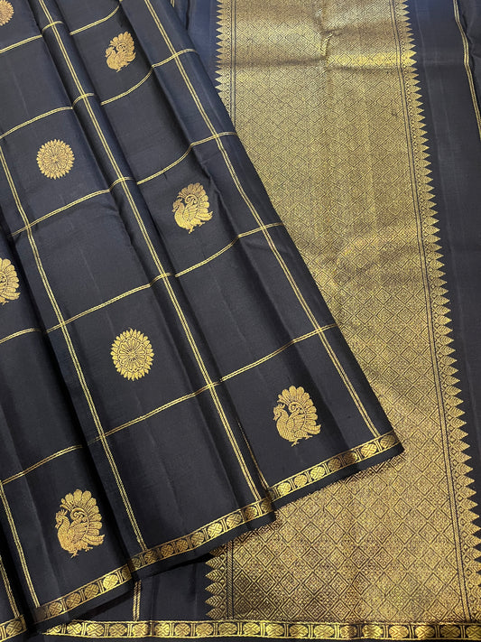 Black with big kattam in zari myil Chakram Buttas Kanjivaram Silk Saree