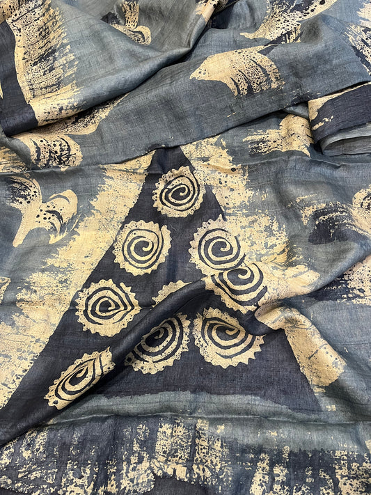 Batik Printing on Tussar blue with Silk Saree-Watercolor inspired