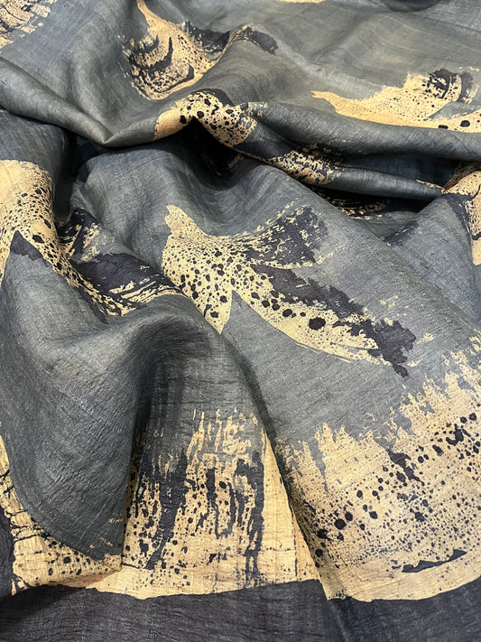 Batik Printing on Tussar blue with Silk Saree-Watercolor inspired