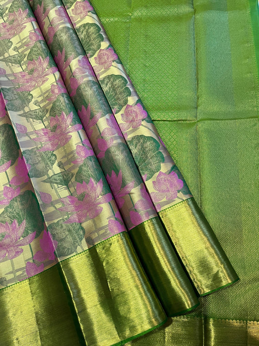 All Over Pink Lotus and leaves Against Gold Backdrop Green Kanjivaram Silk Saree