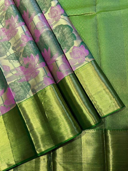 All Over Pink Lotus and leaves Against Gold Backdrop Green Kanjivaram Silk Saree