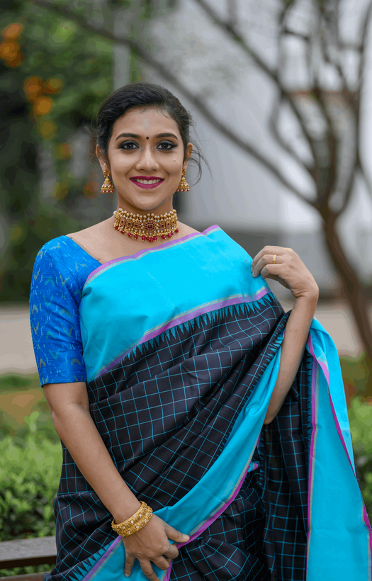 Black with Light Blue on Both Sides Kanjivaram Silk Saree