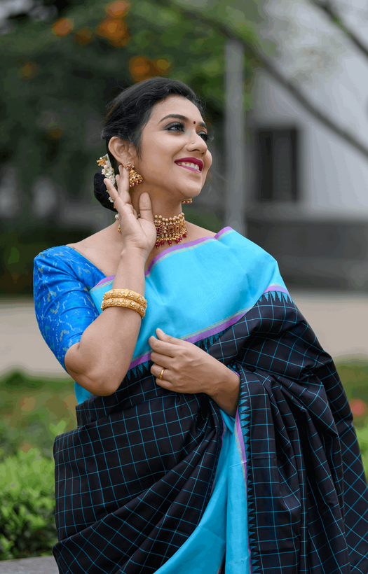 Black with Light Blue on Both Sides Kanjivaram Silk Saree