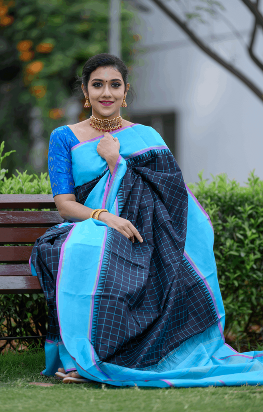 Black with Light Blue on Both Sides Kanjivaram Silk Saree