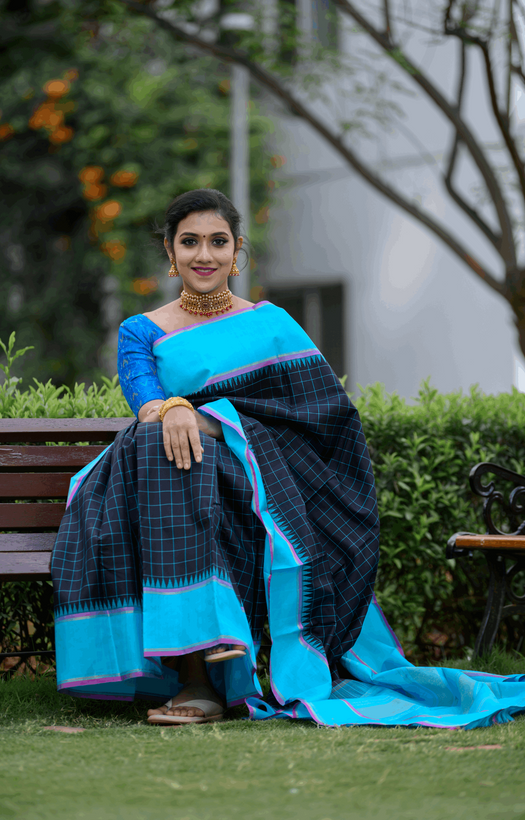 Black with Light Blue on Both Sides Kanjivaram Silk Saree