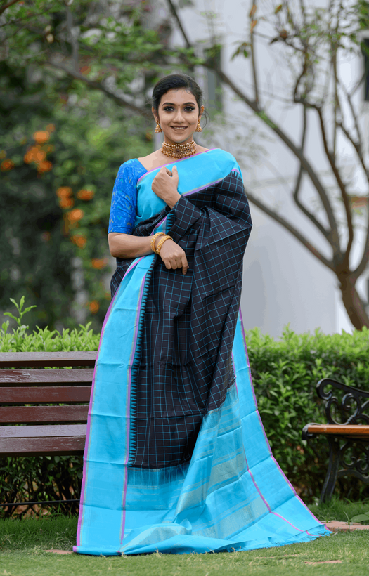 Black with Light Blue on Both Sides Kanjivaram Silk Saree