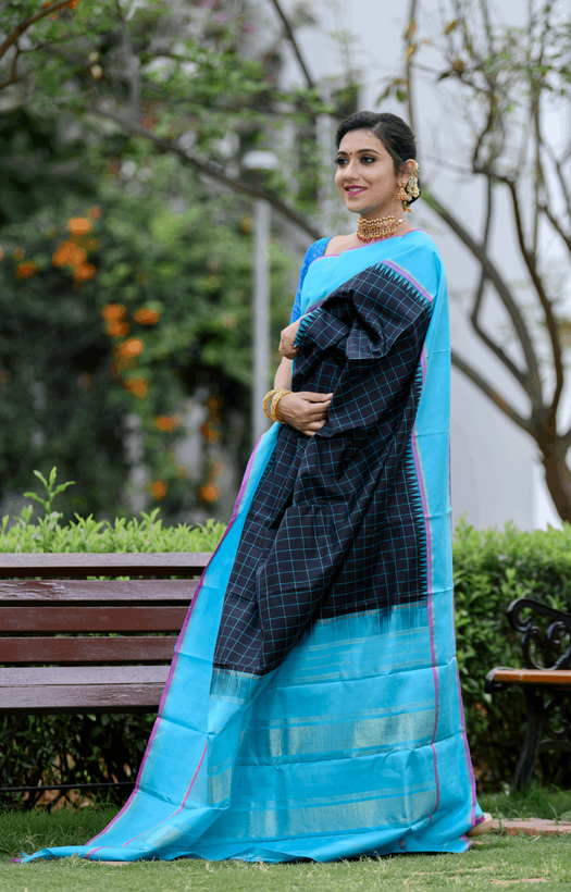 Black with Light Blue on Both Sides Kanjivaram Silk Saree