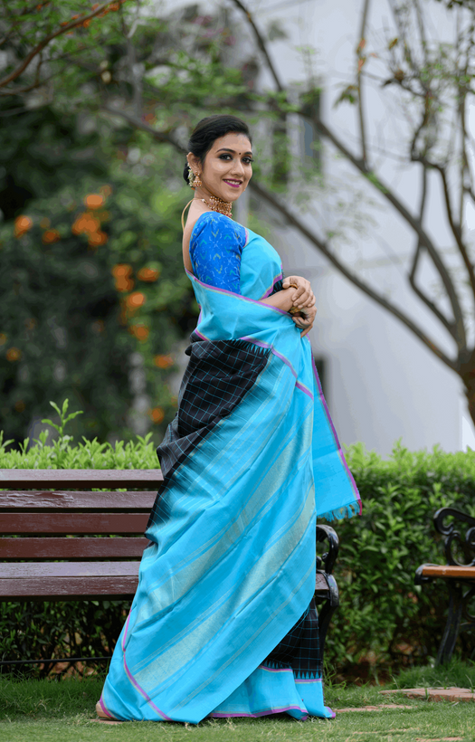 Black with Light Blue on Both Sides Kanjivaram Silk Saree