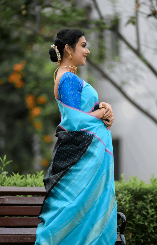 Black with Light Blue on Both Sides Kanjivaram Silk Saree