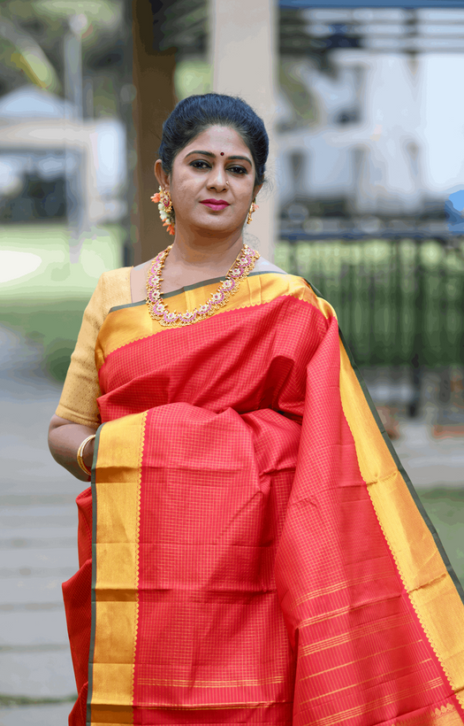 Bavanji Gold Zari Border Both Sides Red Kattam Kanchipuram Silk Saree