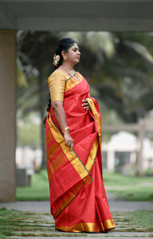 Bavanji Gold Zari Border Both Sides Red Kattam Kanchipuram Silk Saree