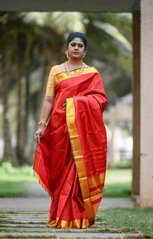 Bavanji Gold Zari Border Both Sides Red Kattam Kanchipuram Silk Saree