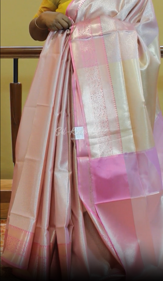 Baby Pink Leaf Motif Tanchoi Saree With Light Pink Border And Jari Pallu With Jacquard Blouse