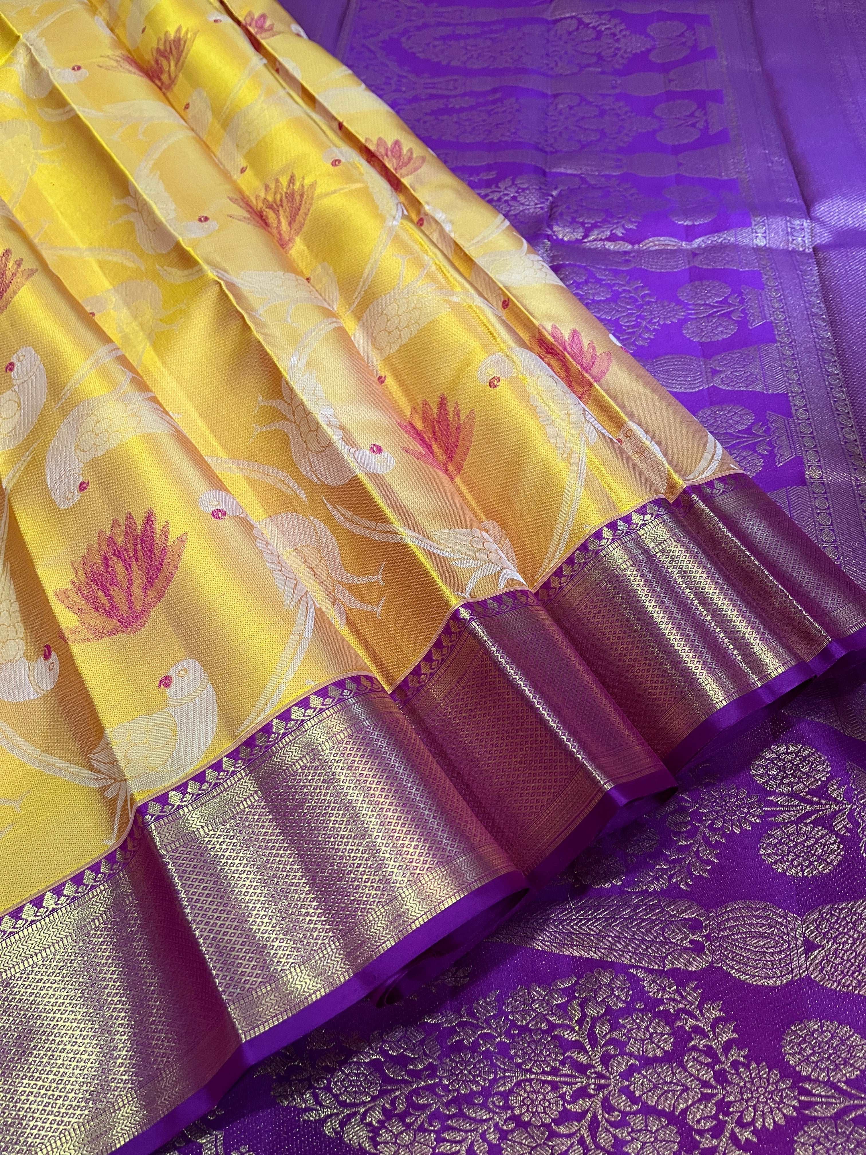 Bavanji border rich and detailed gold zari paisleys on orchid purple pallu Kanjivaram silk saree