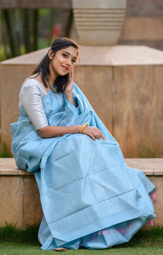 Borderless Light Blue with Circular Silver Butta Kanchipuram Silk Saree