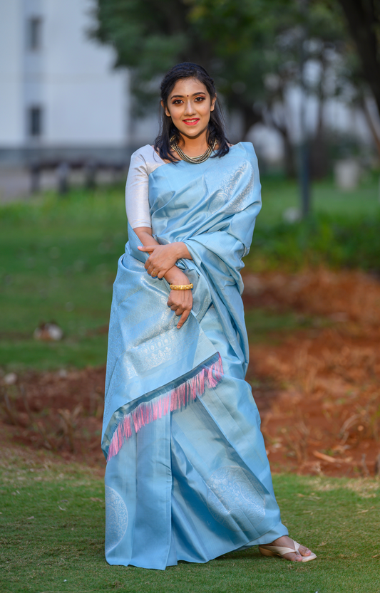 Borderless Light Blue with Circular Silver Butta Kanchipuram Silk Saree