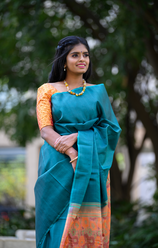 Borderless Peacock Green Kanchipuram Soft Silk Saree