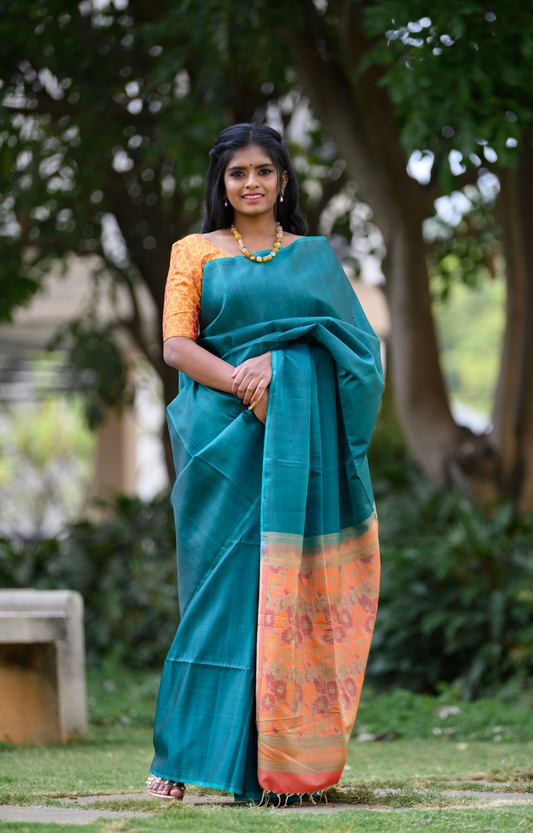 Borderless Peacock Green Kanchipuram Soft Silk Saree